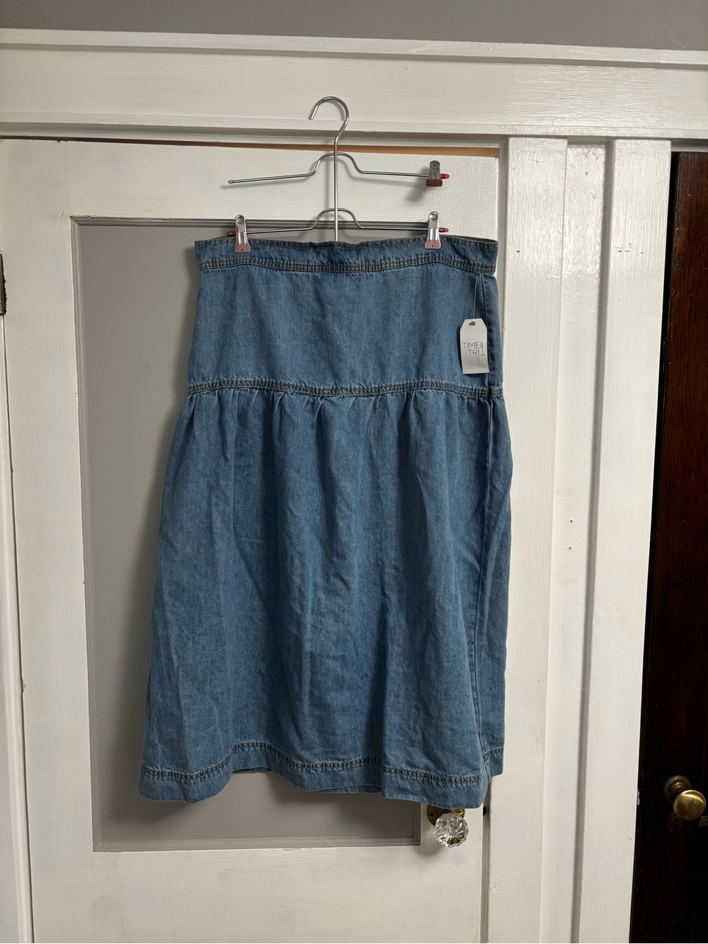 Time and Tru Light Blue Denim Tiered Midi Skirt